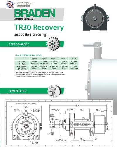 Hydraulic Winch 30000 lb. Braden TR30A-30119-01R Performance Data