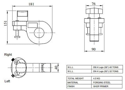 Container Lifting Lugs - ISO Shipping Container - Bottom Side Holes Model DA-D2 - Drawing